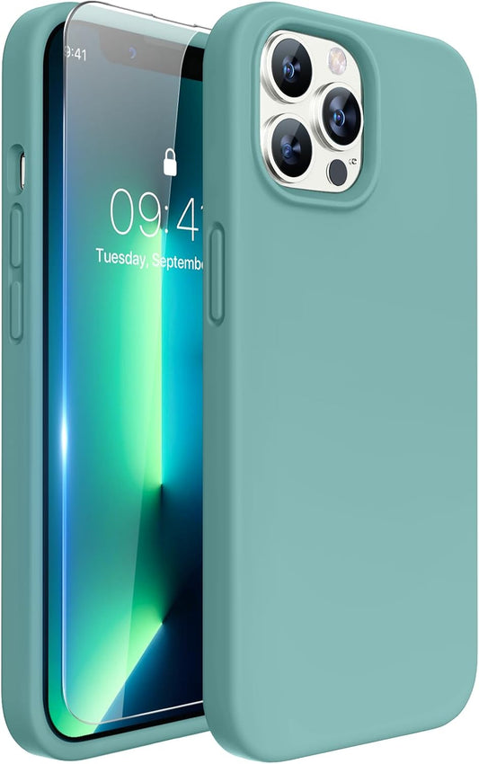 Designed for Iphone 13 Pro Max Case with Screen Protector,[Soft Anti-Scratch Microfiber Lining],Shockproof Liquid Silicone Rubber Phone Case Cover 6.7 Inch, Midnight Green