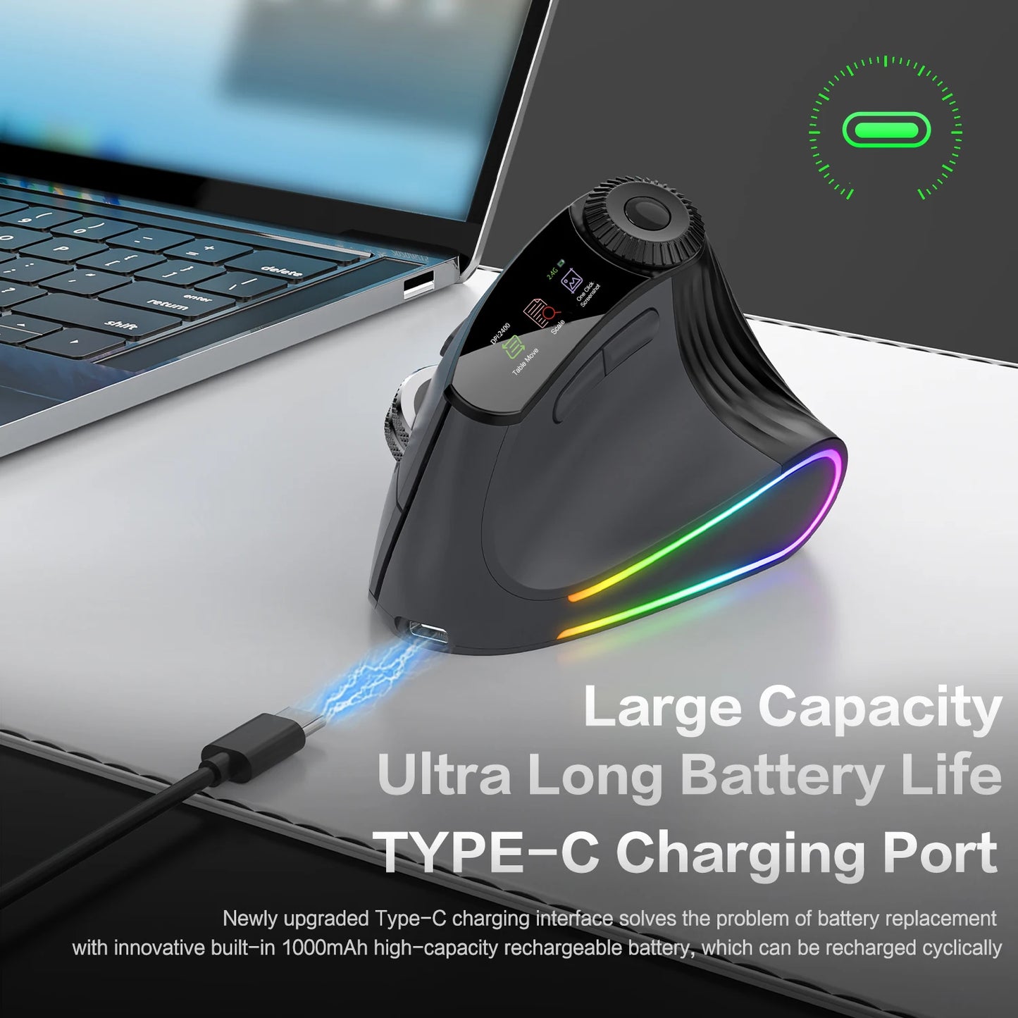 RGB Wireless Vertical Mouse - Ergonomic Design with Adjustable Function Knob & Silent Click, Bluetooth & USB Compatible