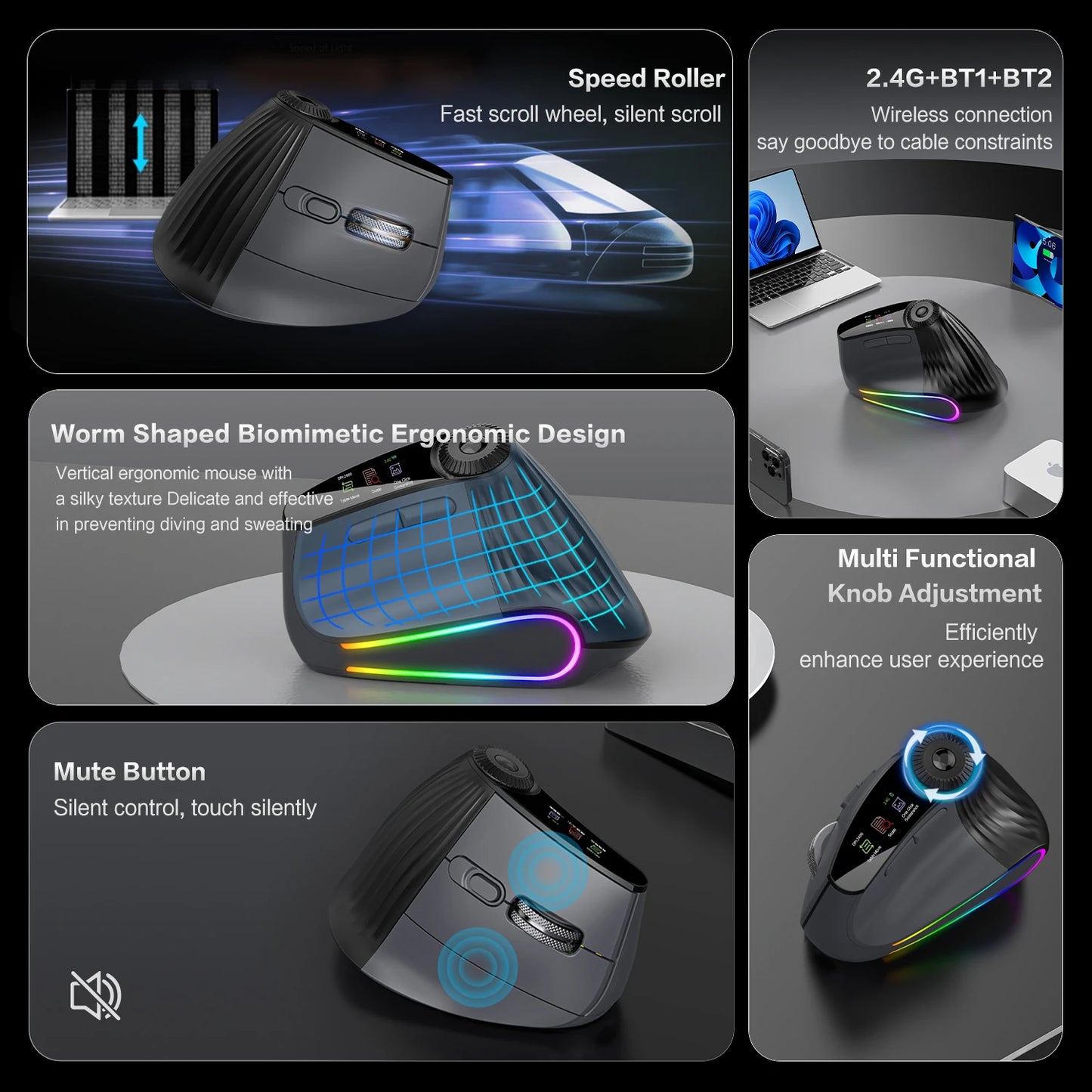 RGB Wireless Vertical Mouse - Ergonomic Design with Adjustable Function Knob & Silent Click, Bluetooth & USB Compatible