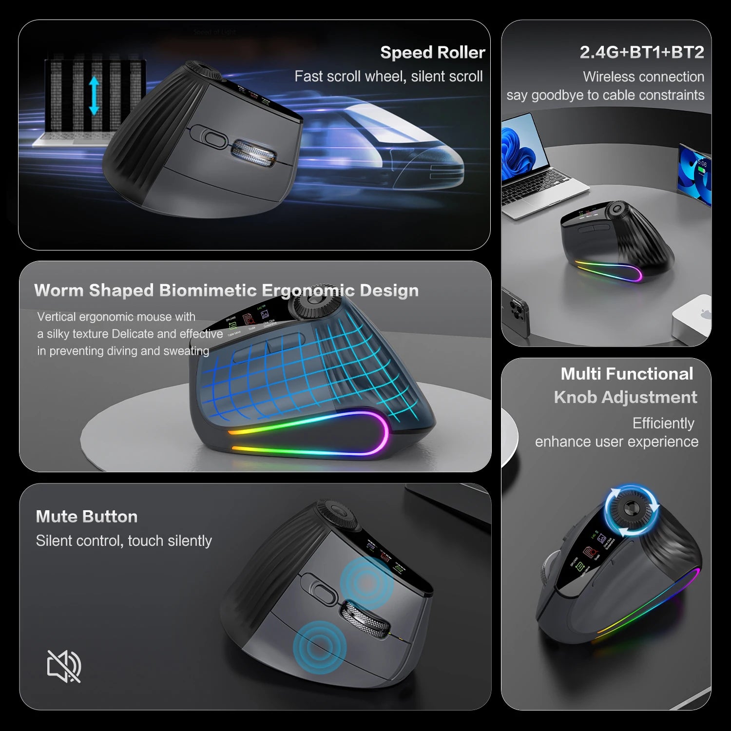 RGB Wireless Vertical Mouse - Ergonomic Design with Adjustable Function Knob & Silent Click, Bluetooth & USB Compatible