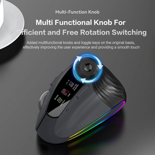 RGB Wireless Vertical Mouse - Ergonomic Design with Adjustable Function Knob & Silent Click, Bluetooth & USB Compatible