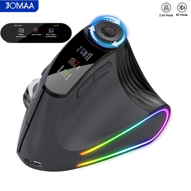 RGB Wireless Vertical Mouse - Ergonomic Design with Adjustable Function Knob & Silent Click, Bluetooth & USB Compatible